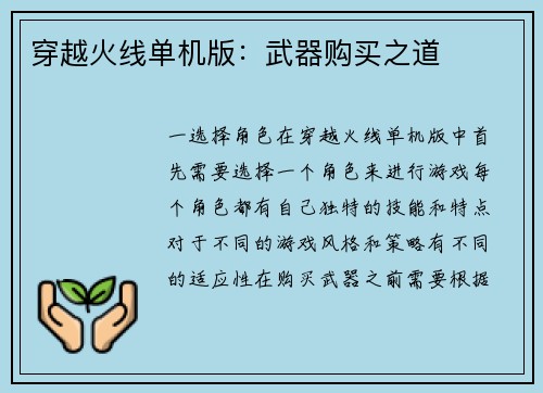 穿越火线单机版：武器购买之道